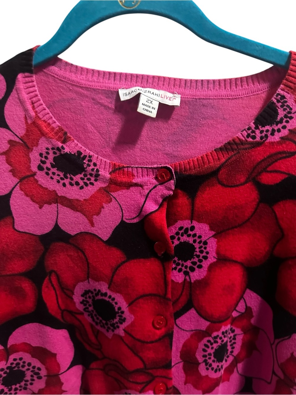 Isaac Mizrahi Vibrant Pink & Red Floral Long Sleeve Top - Picture 3 of 6